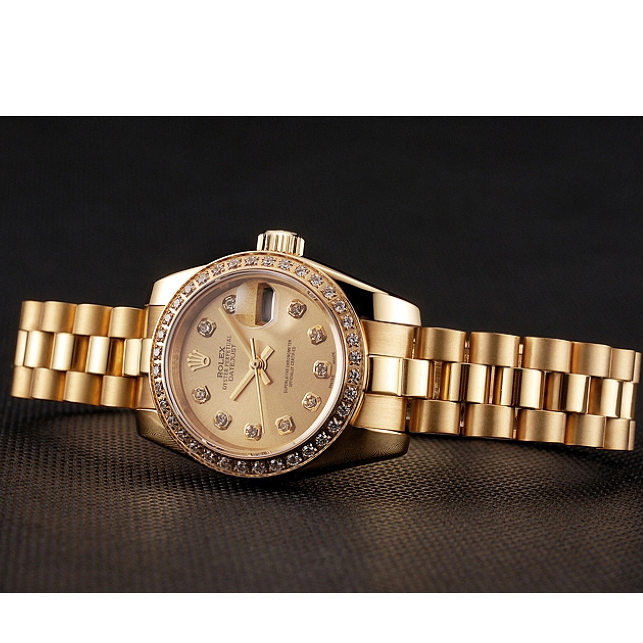 Aaa fake watches Gold Bezel Swiss Rolex Bracelet 1454095 Diamond Dial Lady-Datejust Champagne 0801
